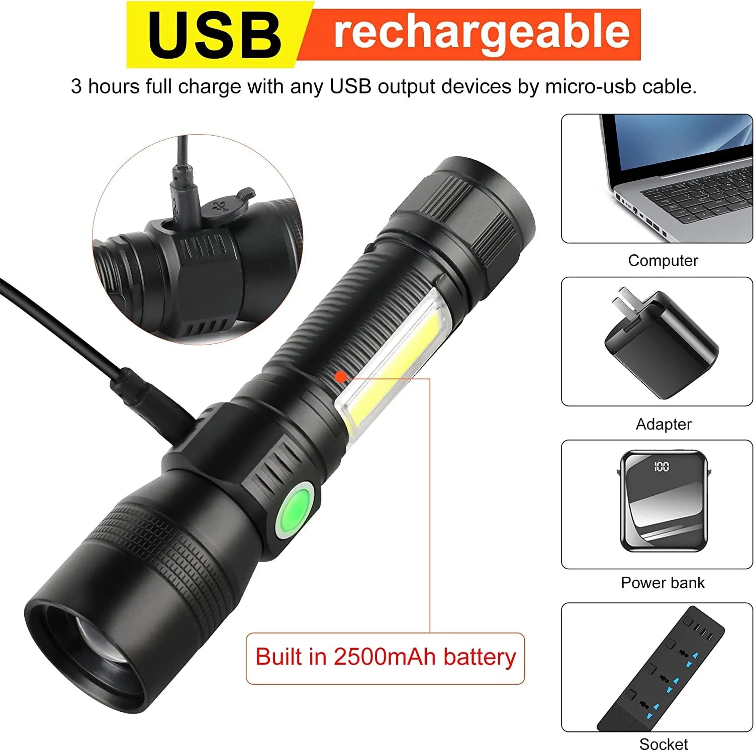 7 Modes Waterproof Rechargeable UV Light Flashlight Torch for Camping | Southern Sun Drones
