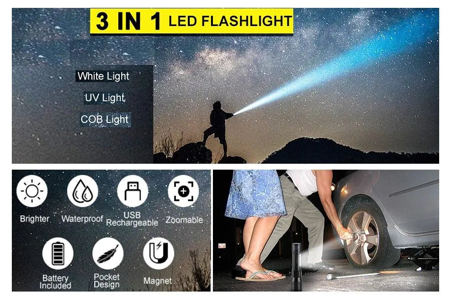 7 Modes Waterproof Rechargeable UV Light Flashlight Torch for Camping | Southern Sun Drones