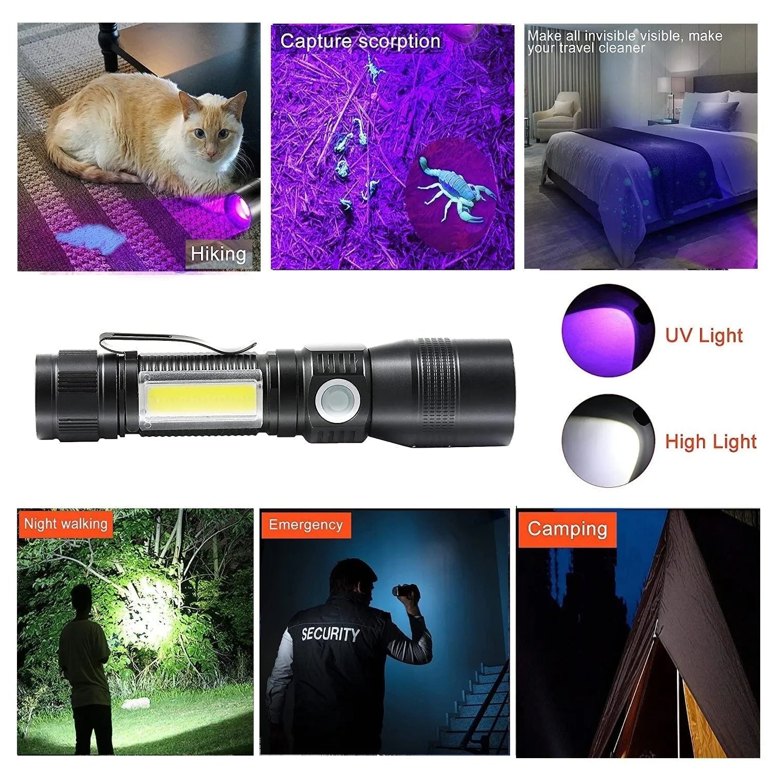 7 Modes Waterproof Rechargeable UV Light Flashlight Torch for Camping | Southern Sun Drones
