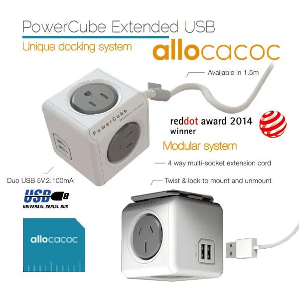 Allocacoc PowerCube Extended USB Powerboard 4 - Outlets 2 USB Ports Grey - White 1.5m | Southern Sun Drones
