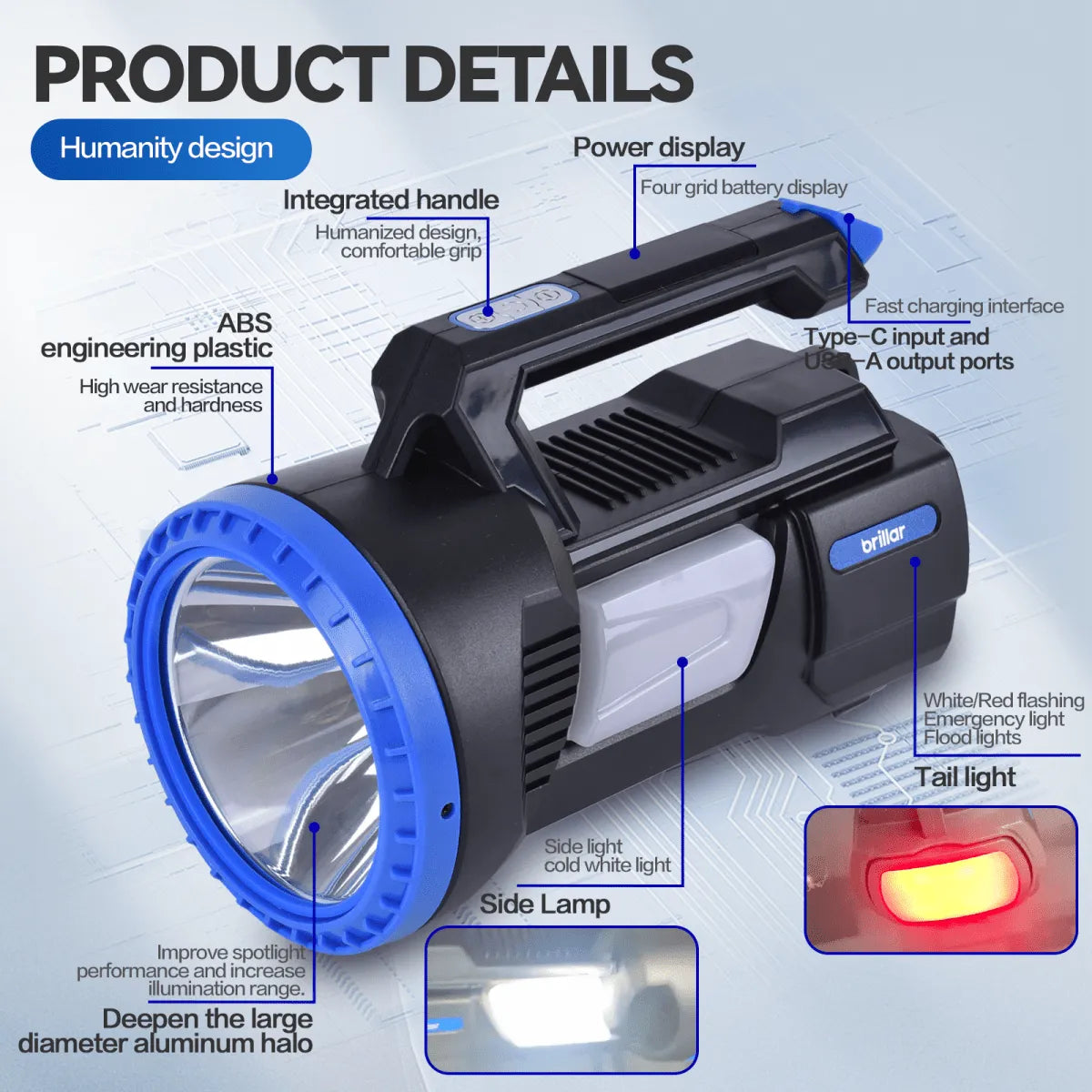 Brillar 300 Lumen USB Rechargeable Multifunction LED Searchlight | Southern Sun Drones
