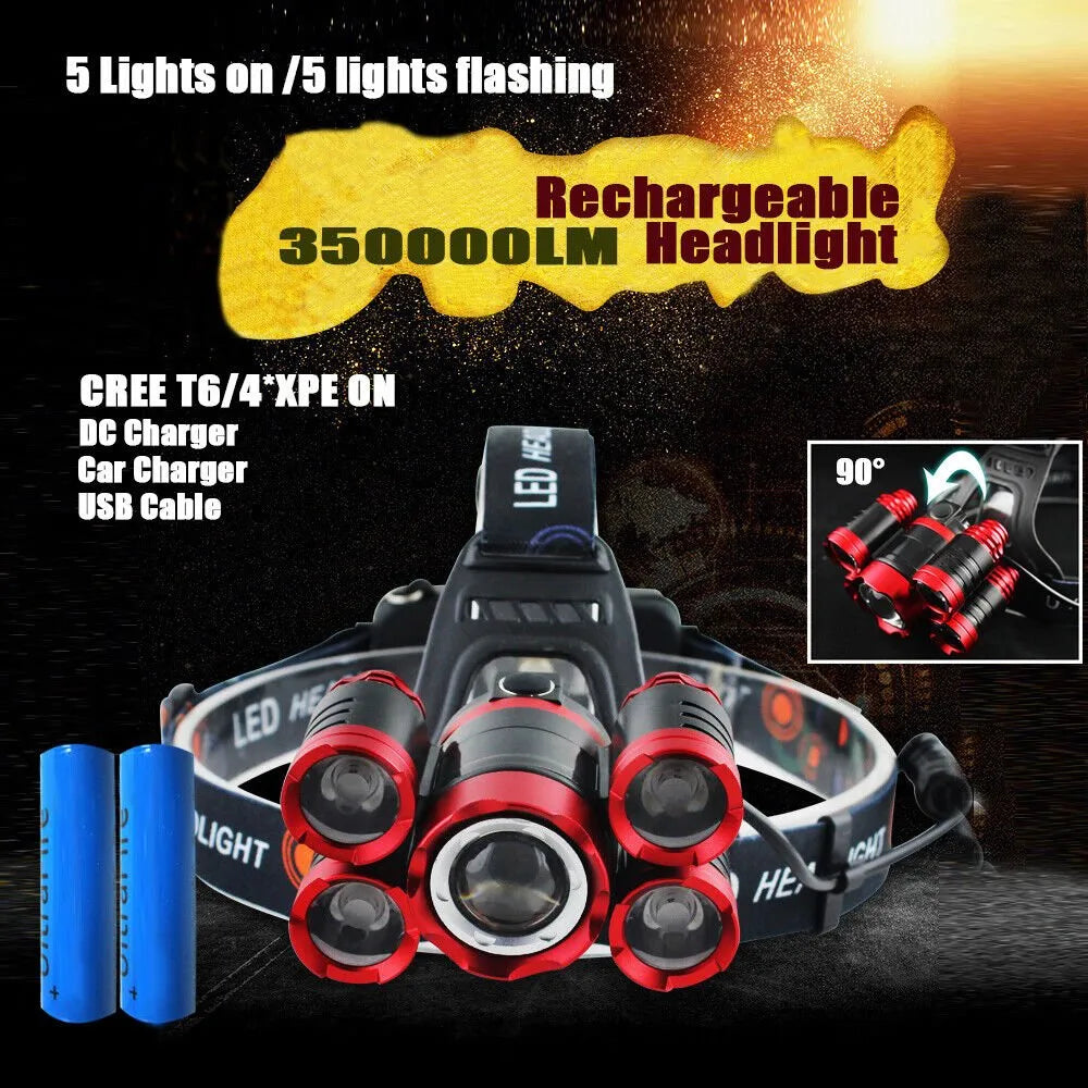 LED Headlamp Rechargeable 350000LM Headlight T6 Head Torch Lamp Fishing Camping | Southern Sun Drones