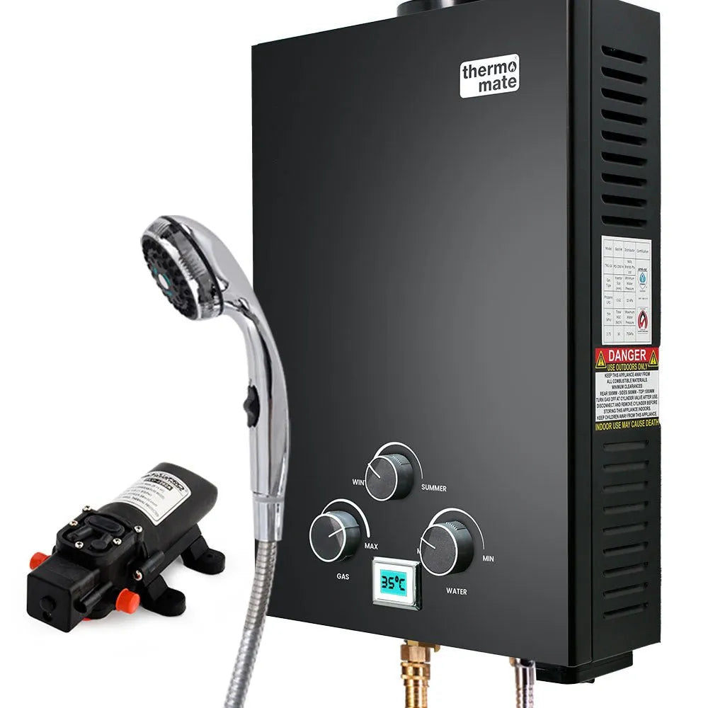 Thermomate Portable Gas Outdoor Camping Hot Water Heater System, with 12V Pump, Shower Head, Black | Southern Sun Drones