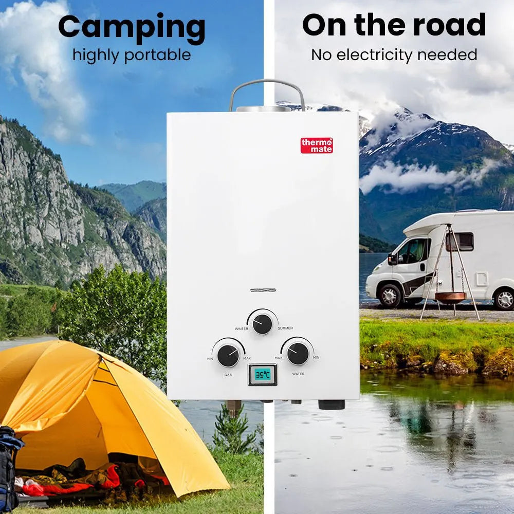 Thermomate Portable Gas Outdoor Camping Hot Water Heater System, with 12V Pump, Shower Head, White | Southern Sun Drones