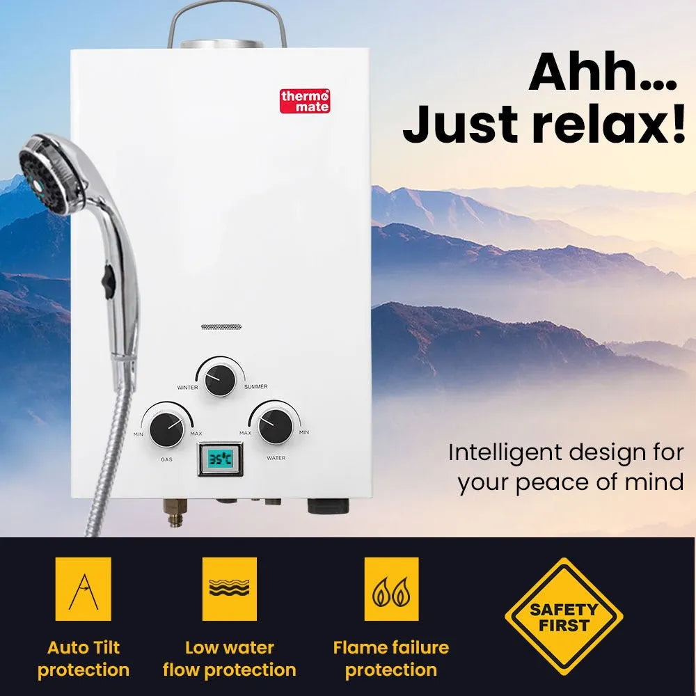 Thermomate Portable Gas Outdoor Camping Hot Water Heater System, with 12V Pump, Shower Head, White | Southern Sun Drones