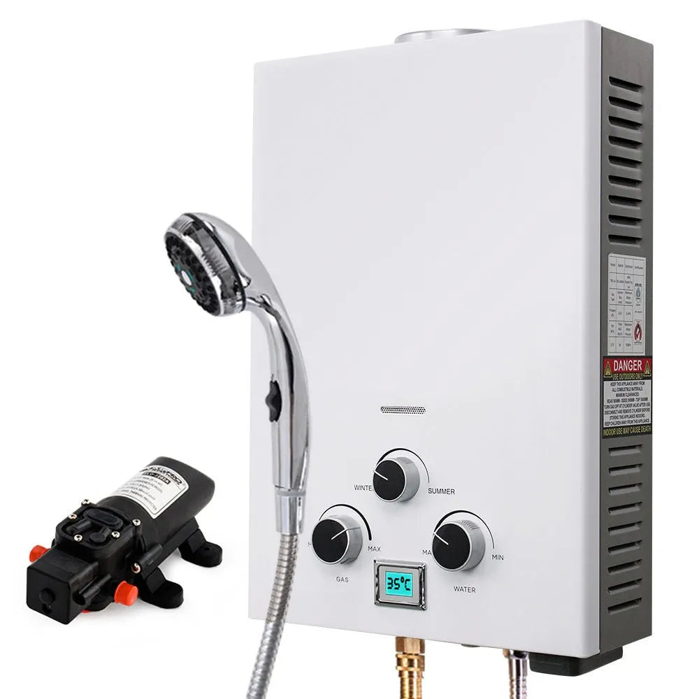 Thermomate Portable Gas Outdoor Camping Hot Water Heater System, with 12V Pump, Shower Head, White | Southern Sun Drones
